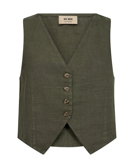 Khaki stone linen single breasted waistcoat with contrast buttons