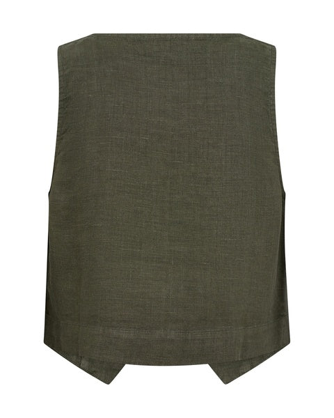 Khaki stone linen single breasted waistcoat with contrast buttons