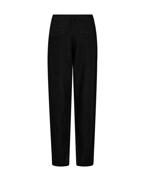 Regular cut black linen trousers with zip and button fastening pleated front and side pockets