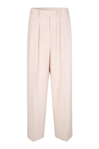Light pink and grey pinstripe straight leg trousers with front pleats and side pockets