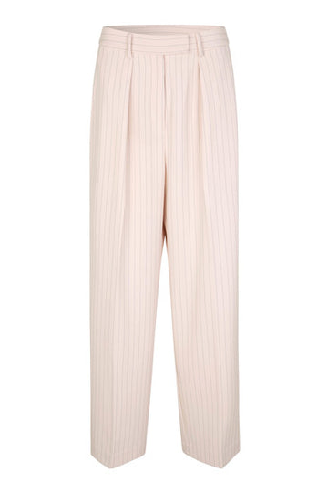 Light pink and grey pinstripe straight leg trousers with front pleats and side pockets