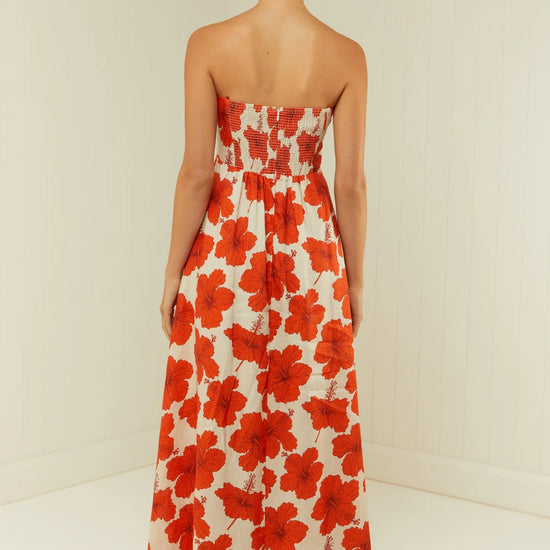 red hibiscus spaghetti strap maxi dress  rear view 