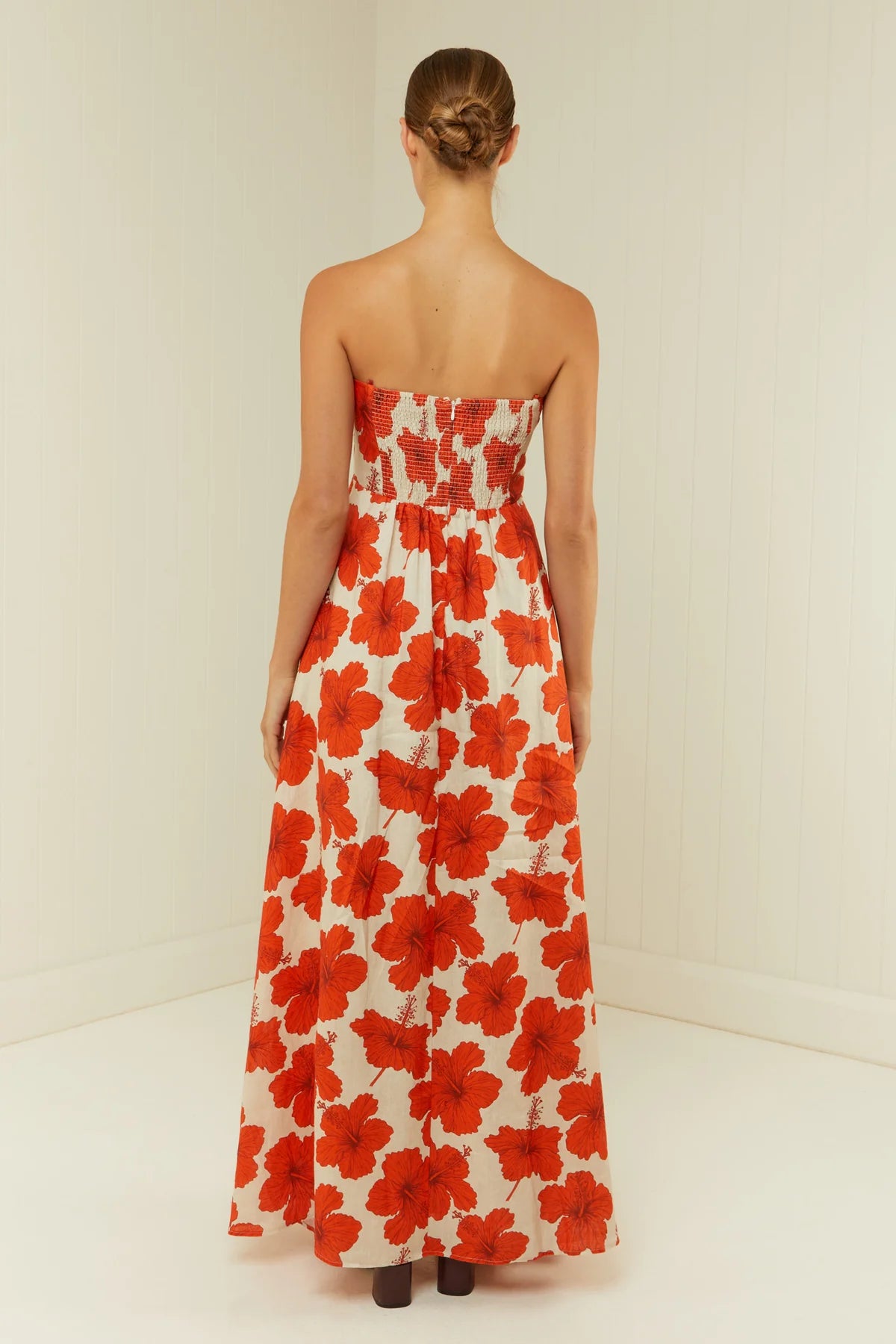 red hibiscus spaghetti strap maxi dress  rear view 