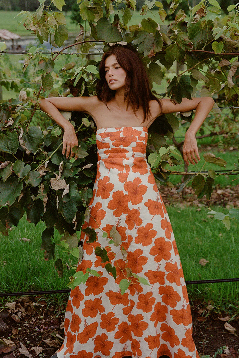 red hibiscus spaghetti strap maxi dress  model shot