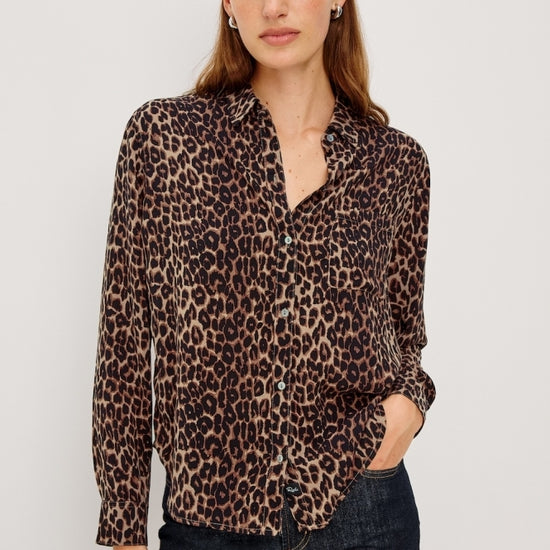Brown animal print classic shirt with chest pocket model shot 