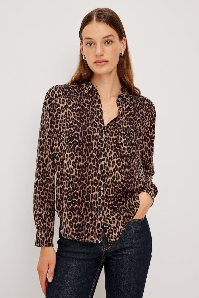 Brown animal print classic shirt with chest pocket model shot 
