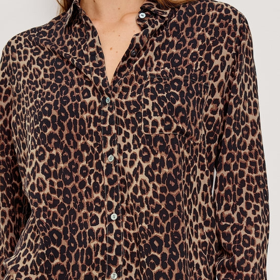 Brown animal print classic shirt with chest pocket close up