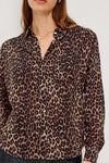Brown animal print classic shirt with chest pocket close up
