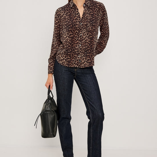 Brown animal print classic shirt with chest pocket model shot 