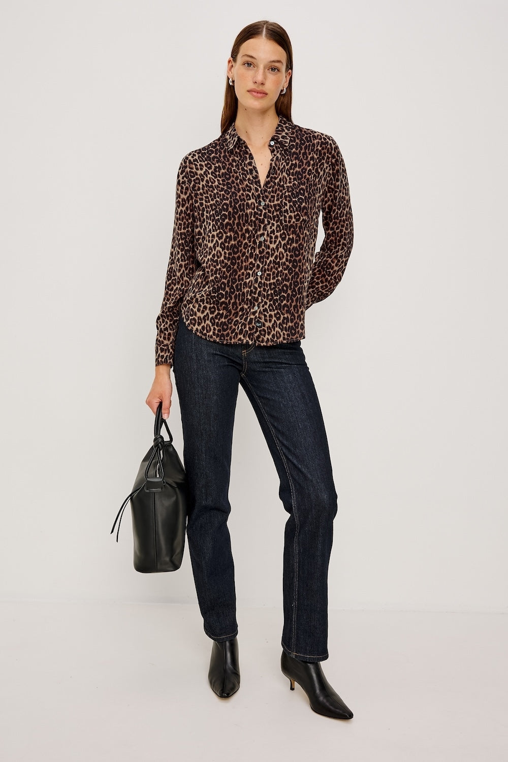 Brown animal print classic shirt with chest pocket model shot 