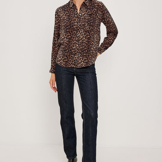 Brown animal print classic shirt with chest pocket model shot