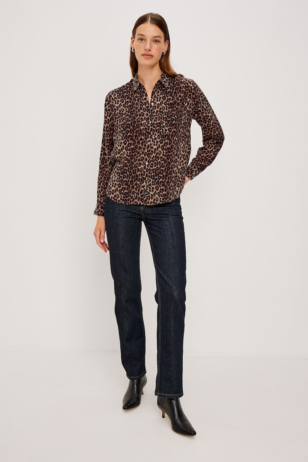 Brown animal print classic shirt with chest pocket model shot