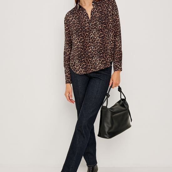 Brown animal print classic shirt with chest pocket model shot