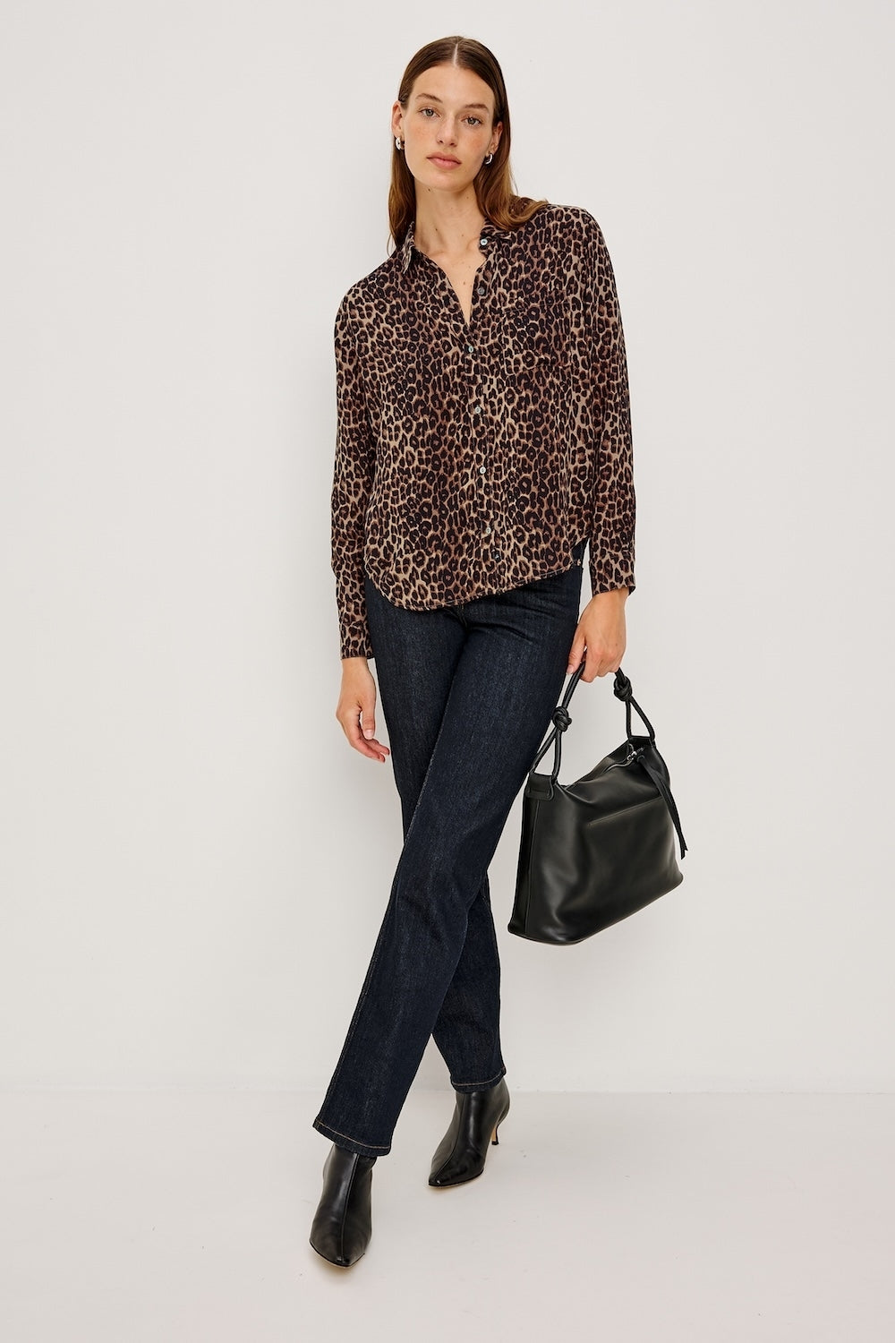 Brown animal print classic shirt with chest pocket model shot
