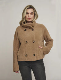 tan double breasted cardigan with stand up collar and side pockets 