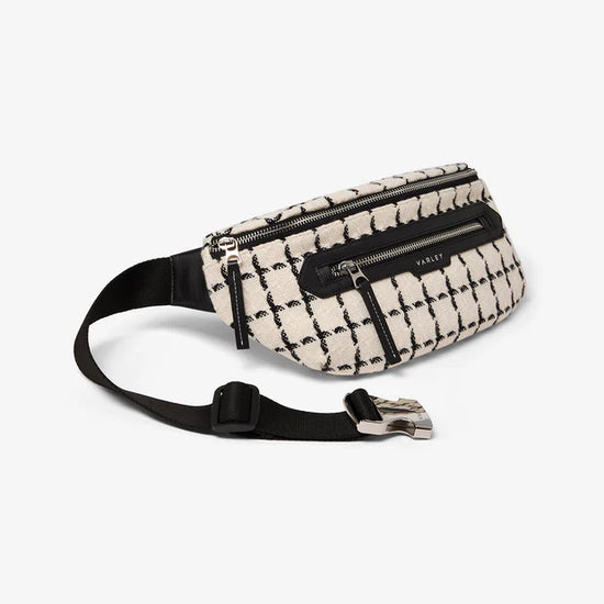 mono check twill belt bag with 2 zipped pockets and adjustable strap  side view 