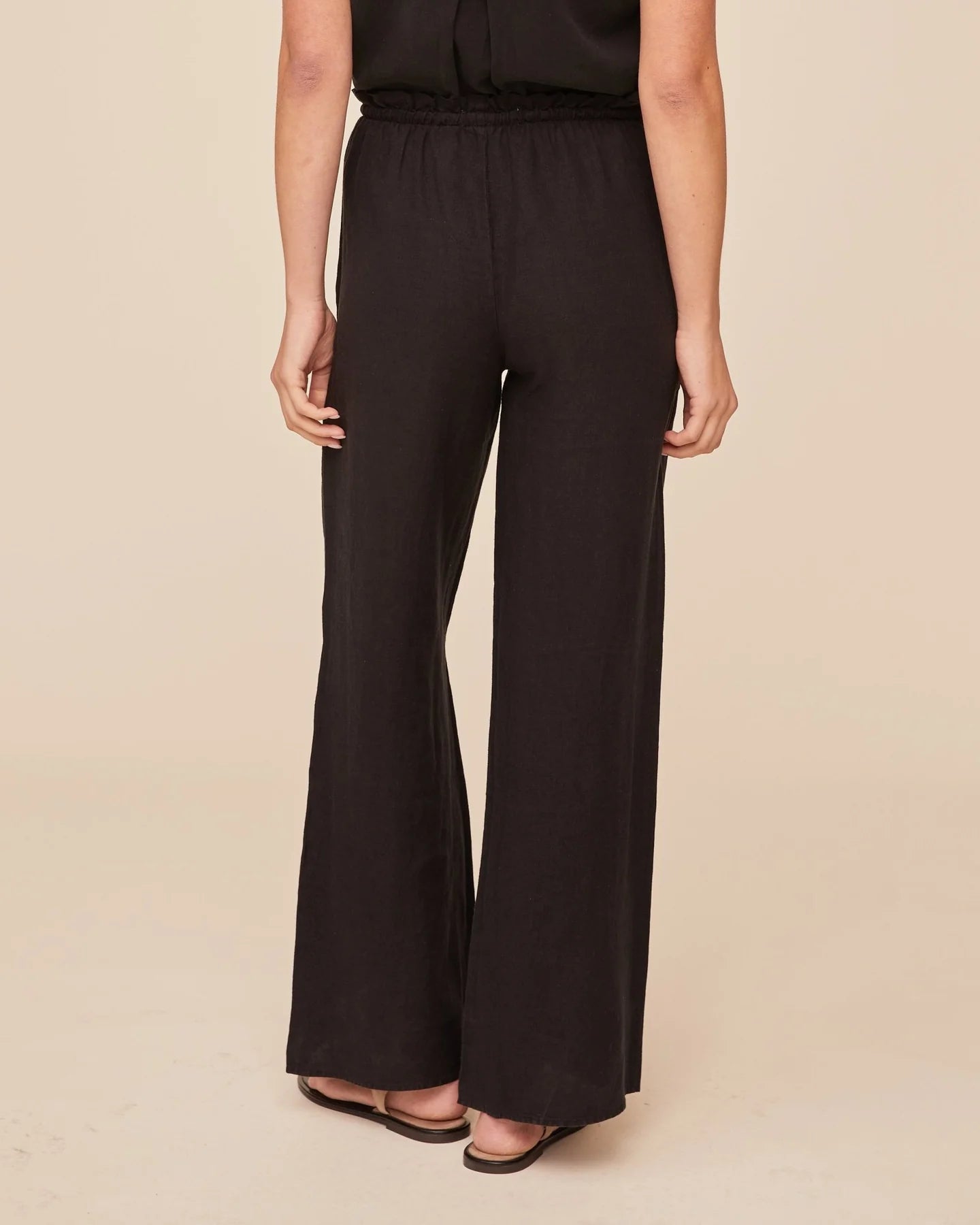 Rear view of black wide leg trousers