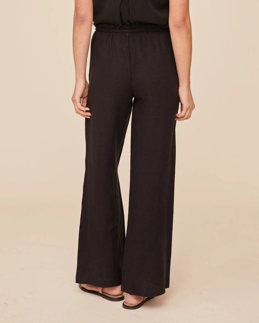 Rear view of black wide leg trousers