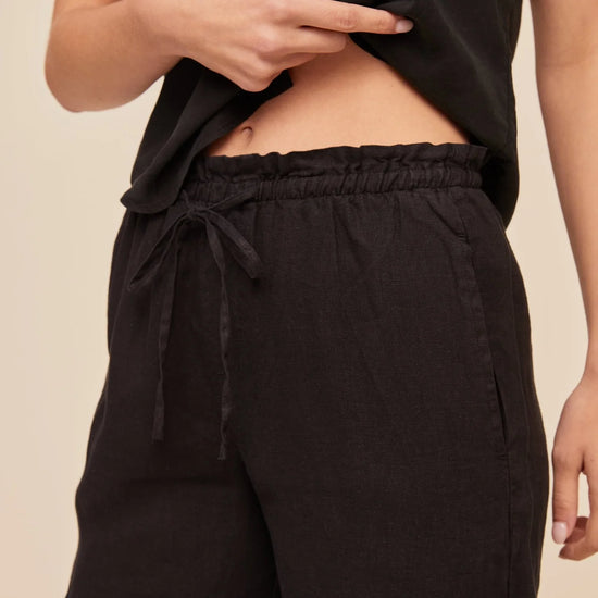 Close up of waistband of black wide leg trousers