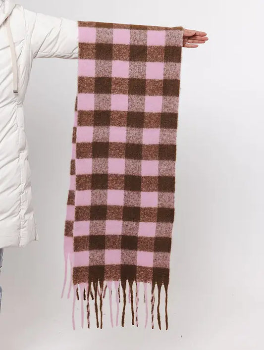 pink check scarf with fringe detail