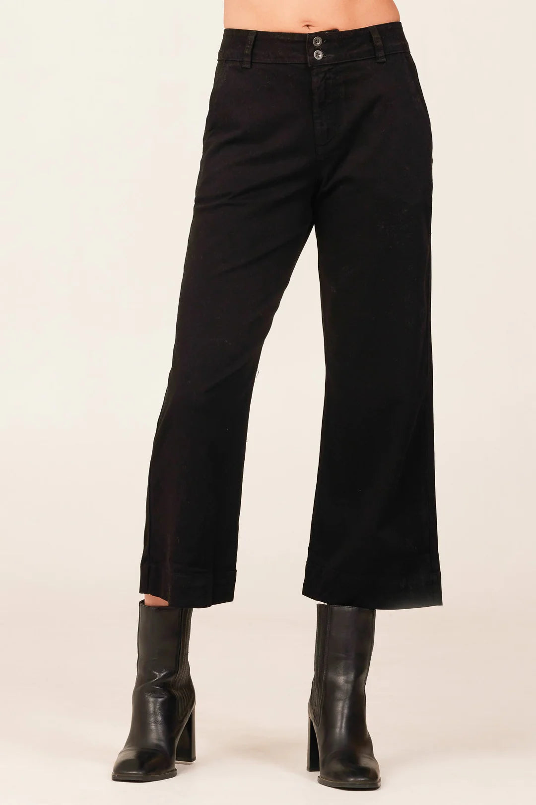 Cropped black wide leg trousers