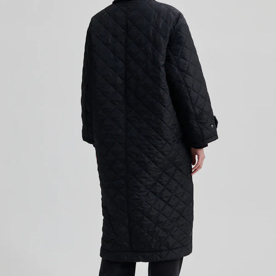 diamond stitch black coat with cool 
collar, chest pocket and straps on cuffs  rear view 