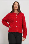 red cable knit cardigan with round neck and long sleeves 