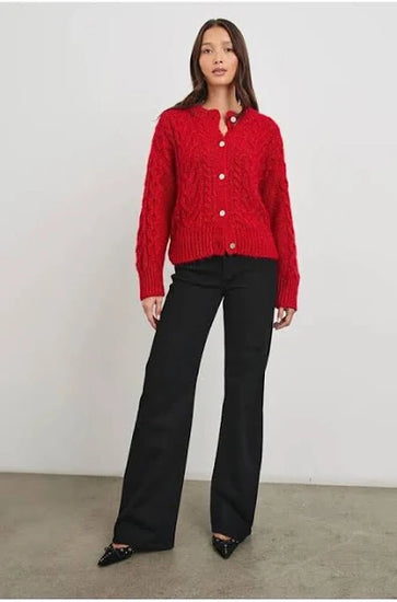 red cable knit cardigan with round neck and long sleeves 