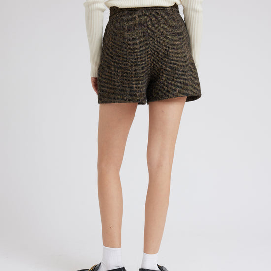 Black, taupe and gold thread boucle shorts with two feature buttons and slant side pockets