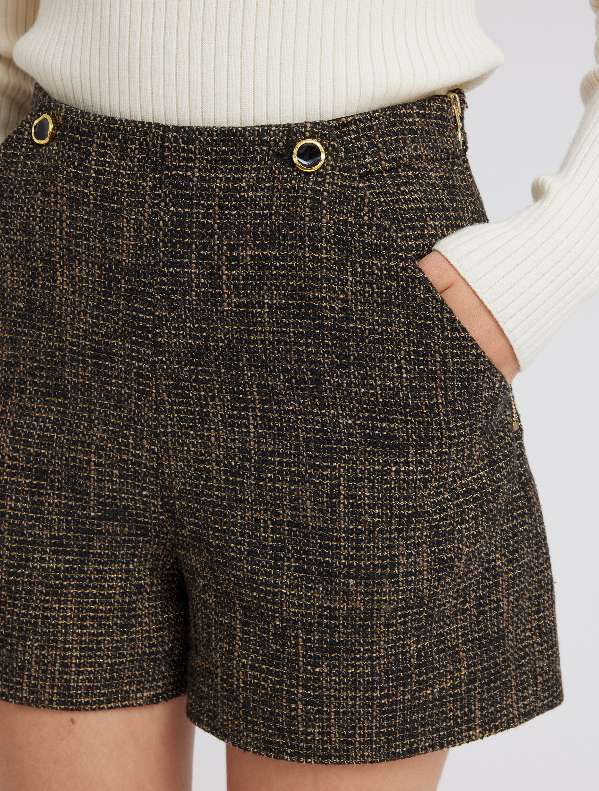 Black, taupe and gold thread boucle shorts with two feature buttons and slant side pockets