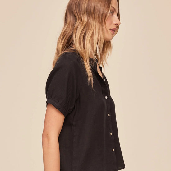 Side view of black short sleeve shirt