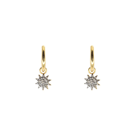 Starburst gold hoop earrings with pave diamonds