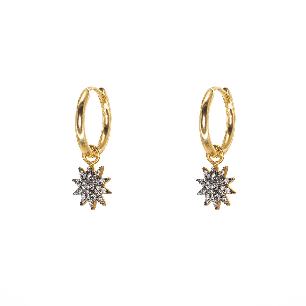 Starburst gold hoop earrings with pave diamonds