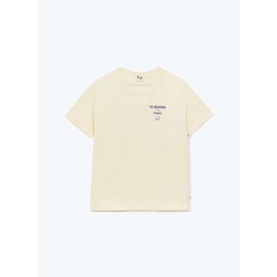 Beige t-shirt with text on a white background