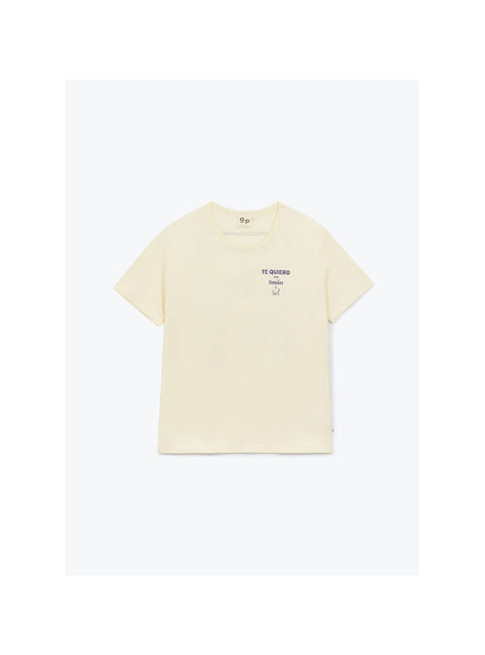Beige t-shirt with text on a white background