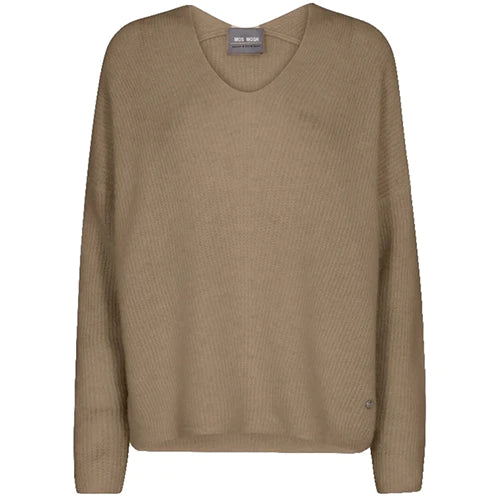 V neck loose knit jumper with long sleeves and dropped shoulders in a soft taupe