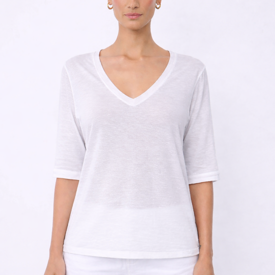 semi sheer t shirt on model on white baclground