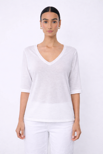 semi sheer t shirt on model on white baclground
