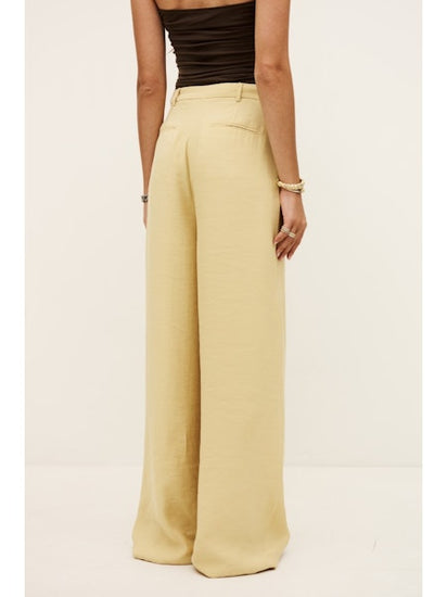 Person wearing pale yellow wide-leg pants and a brown top on a plain background