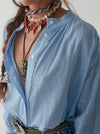Blue pin check shirt with grandad collar