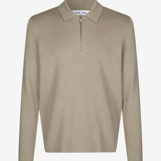 beige half zip polo jumper with classic collar and long sleeves 