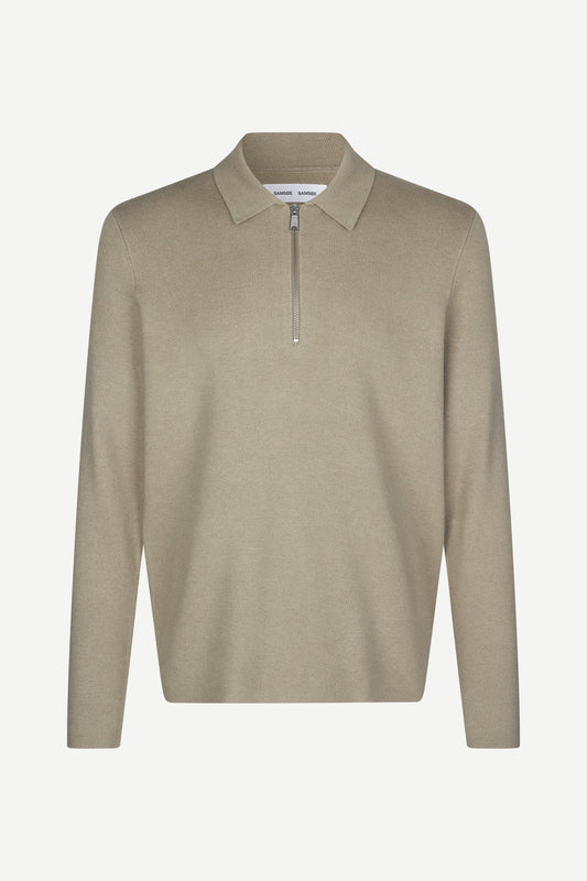 beige half zip polo jumper with classic collar and long sleeves 