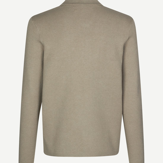 beige half zip polo jumper with classic collar and long sleeves rear view 