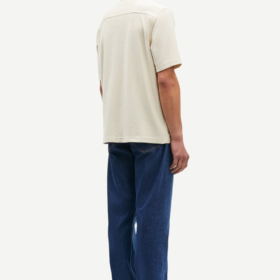 oatmeal short sleeved shirt with point collar in a slubbed textured material rear view 