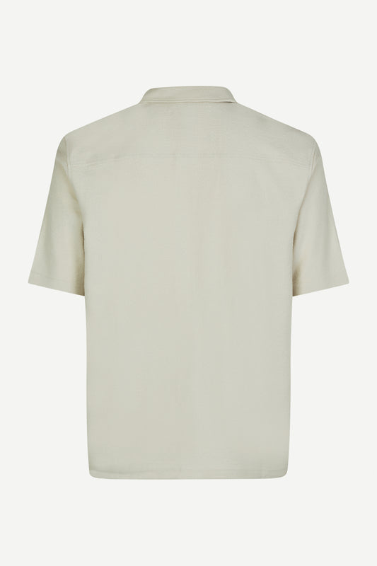 oatmeal short sleeved shirt with point collar in a slubbed textured material rear view 