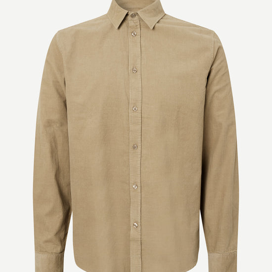 light brown baby cord button down shirt with single button cuff and curved hem 