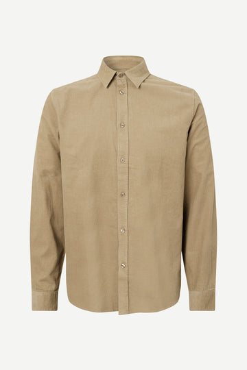 light brown baby cord button down shirt with single button cuff and curved hem 