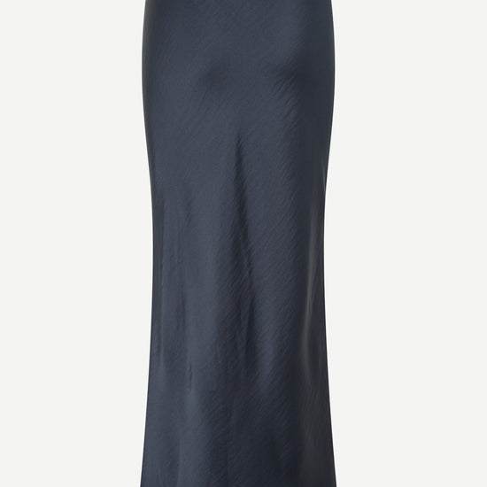 Rear view of navy satin slip skirt