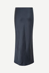 Rear view of navy satin slip skirt