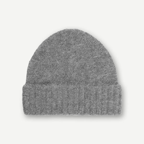 knitted grey beanie with ribbed rim